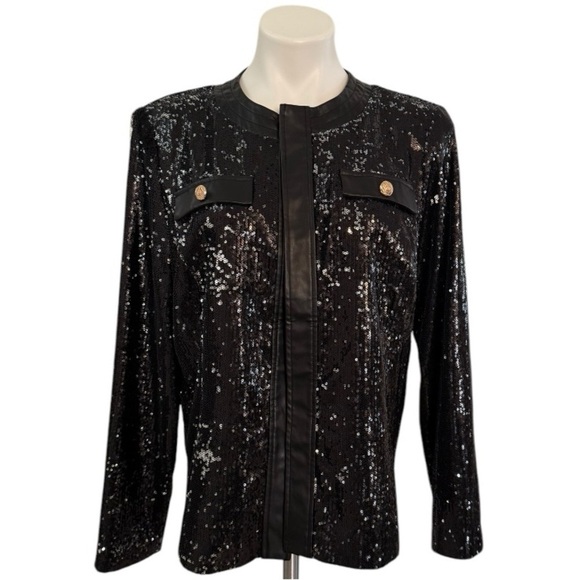 MING WANG Open Front Sequin Vegan Leather Jacket Black Size M NEW - Picture 10 of 12